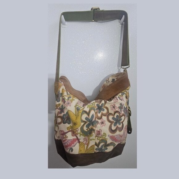 Lucky Brand Vintage Canvas Leather Bag Bird Print Boho Crossbody Bohemian - Picture 2 of 14